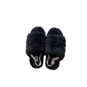 UGG Fluff Yeah Womens Black Fuzz Sugar Plush Slingback Slide Sandals Size 6
